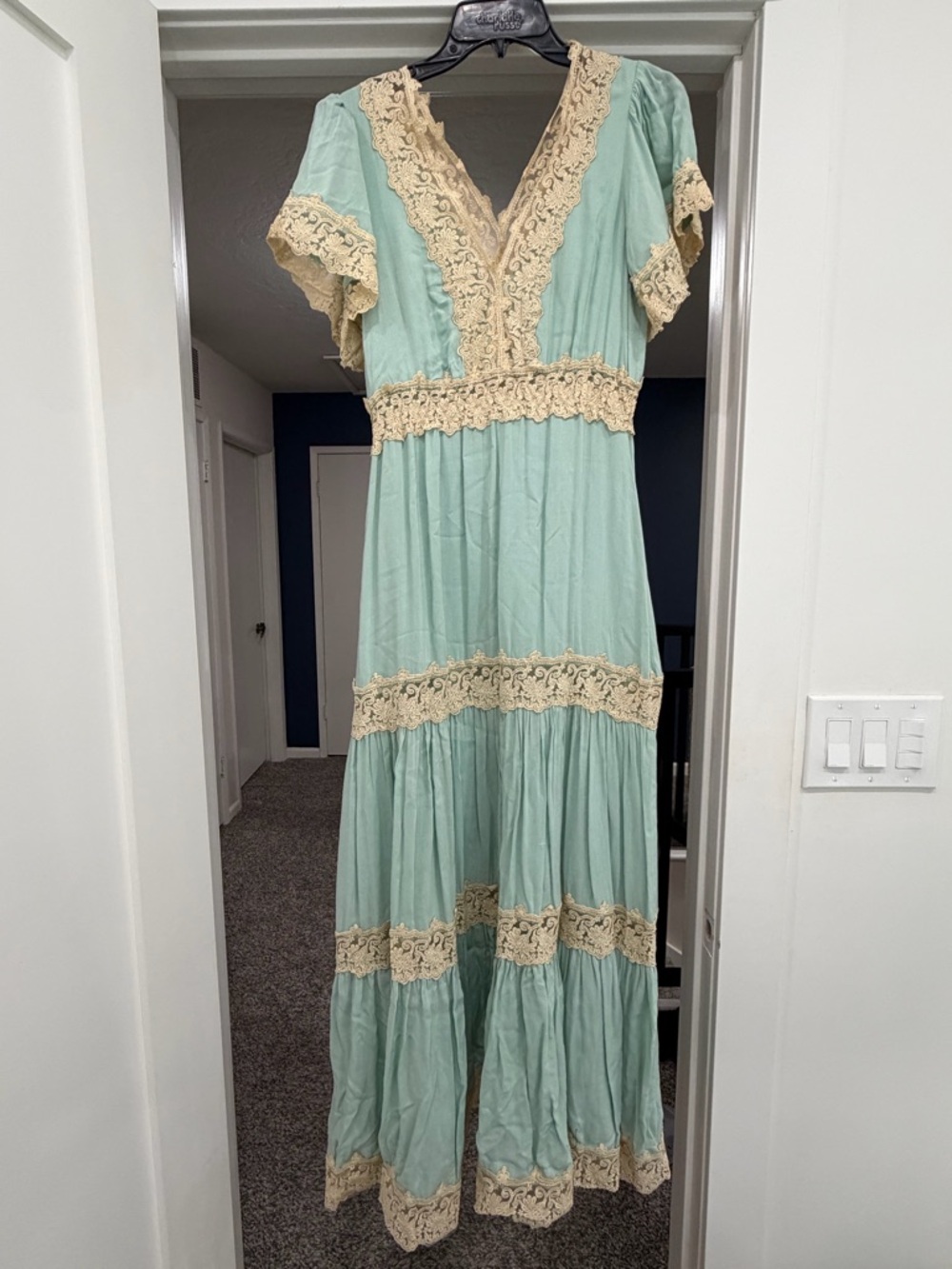 Ces Femme Sage Green Maxi Dress with Cream/Tan Lace Trim